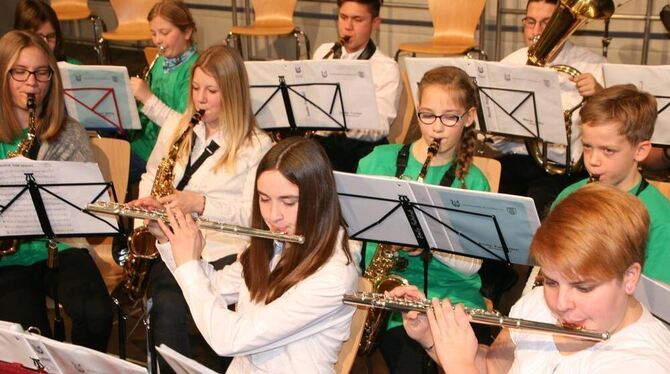 Auch die jungen Musiker überzeugten beim Neujahrskonzert der Musikkapelle Zwiefalten in der Rentalhalle. FOTO: THUMM
