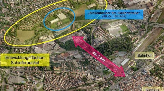 Stadtnah gelegen: Das neue Wohngebiet am »Schieferbuckel« (gelb umrandet) ist einen Kilometer von der Karlstraße entfernt. Das b