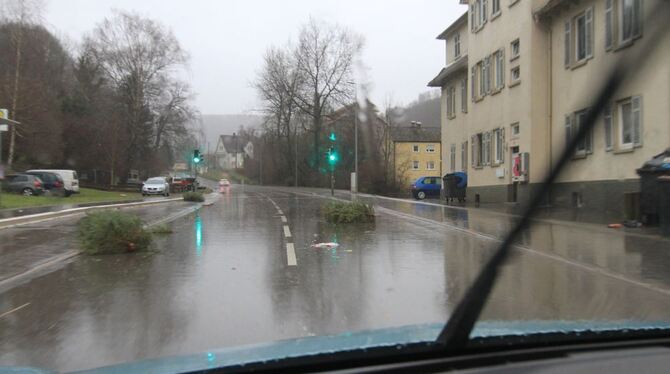 In der Georgiisiedlung zwischen Bad Urach und Seeburg hat der Sturm abgestellte Weihnachtsbäume auf die Straße gepustet.
