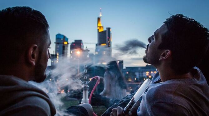 Zwei junge Männer rauchen ihre Shisha-Pfeife auf einer Wiese am Mainufer in Frankfurt.