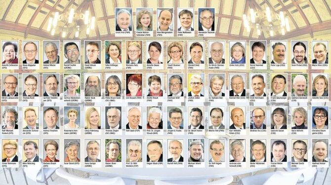 Gelobten gestern »Treue gegenüber der Verfassung«: die 69 Mitglieder des neuen Reutlinger Kreistags. FOTO: NIETHAMMER