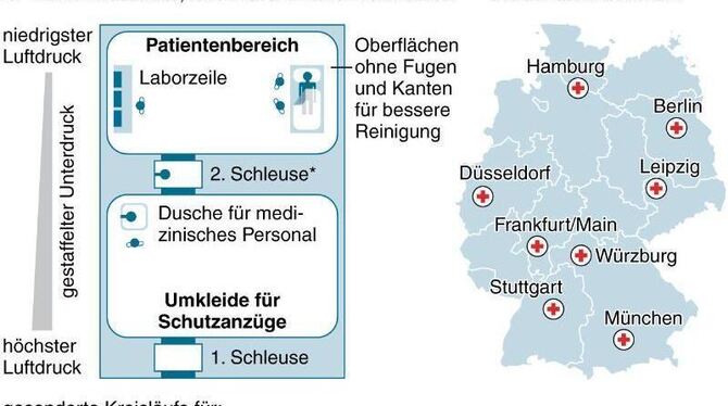 Karte mit Isolierstationen für hochansteckende Krankheiten in Deutschland und schematischer Aufbau einer Isolierstaion. Foto: