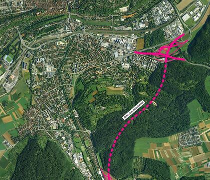 2,3 Kilometer durch den Berg. Diese Skizze aus früheren Planungsstufen zeigt den Verlauf des Tunnels zwischen Bläsibad (unten) u