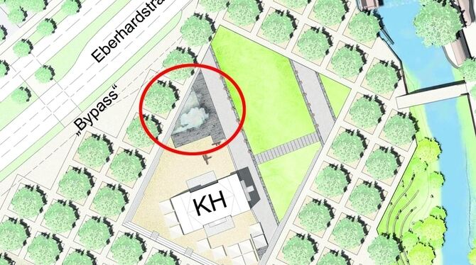 Am Standort des früheren Dampfkesselhauses wird es beim Krankenhäusle (KH) im Bürgerpark ein Wasserspiel geben (rotes Oval). Wei