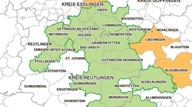 Das Biosphärengebiet Schwäbische Alb (grün) mit den vier sicheren Beitrittskandidaten Kirchheim, Laichingen, Blaubeuren und Unte