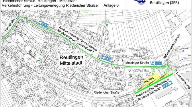 Einseitig bleibt die Ortsdurchfahrt befahrbar. Gen Neckar wird der Verkehr über Metzinger und Heerstraße umgeleitet.  GRAFIK: SE