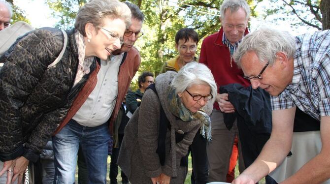 Da schau her: Der Biologe Dr. Ulrich Bense (rechts) erläutert der Stadtspitze und Gemeinderäten, wie er monatelang Kotkrümeln de