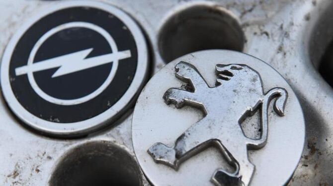 Nabendeckel mit den Logos von Opel und Peugeot. Foto: Arne Dedert/Illustration