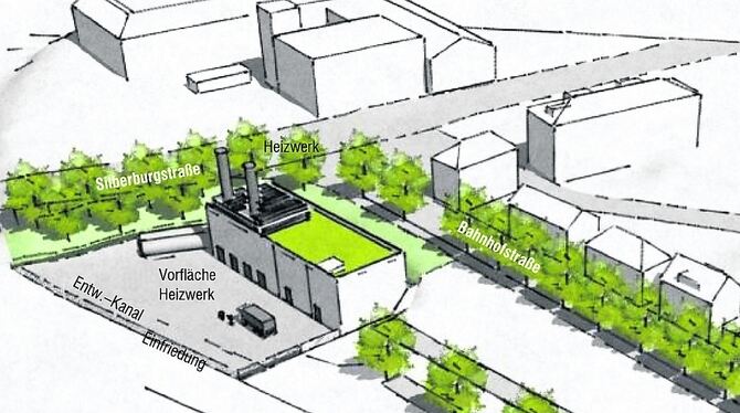 Skizze  des neuen Heizwerks in der Bahnhofstraße. Im Bild oben ist das  Maschinenbauunternehmen Wafios AG skizziert, unten links