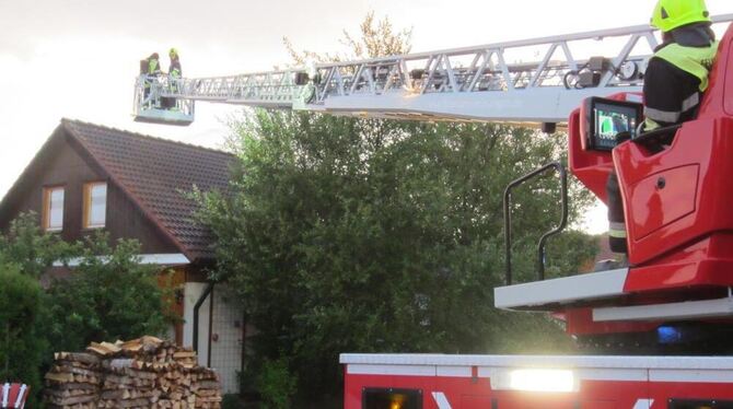 Steingebronns Feuerwehrleute sind sofort nach dem Blitzeinschlag am Einsatzort und beginnen unverzüglich  mit den Löscharbeiten.