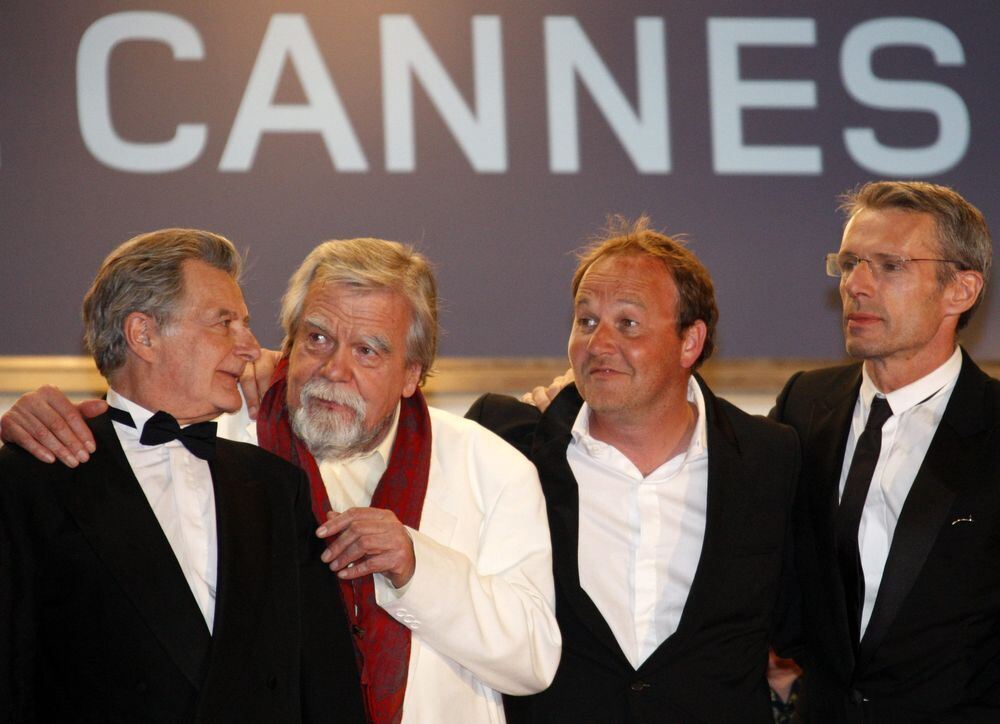 Die französischen Schauspieler Philippe Laudenbach, Michael Lonsdale und Lambert Wilson mit dem französischen Regisseur Xavier B