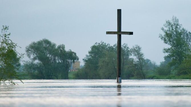 Ein großes Holzkreuz markiert die Mündung der Neiße in die Oder im brandenburgischen Ratzdorf. Das Kreuz steht normalerweise an