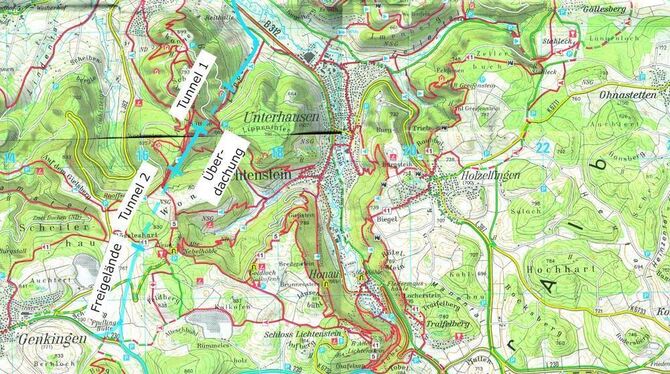 Weiträumig ums obere Echaztal: Die blaue Linie zeigt, wie der Vorstand des Lichtensteingaus sich eine Straßenführung für den Alb