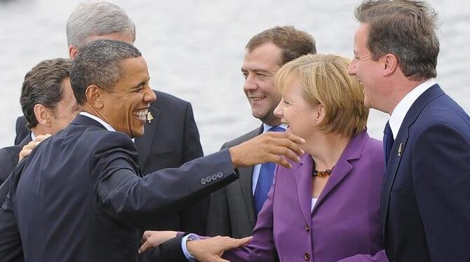 US-Präsident Obama, Kanzlerin Merkel, Russlands Präsident Medwedew und der britische Premier Cameron beim G8-Gipfel.