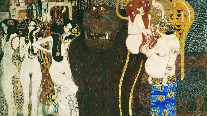 Auf der Stirnwand von Klimts Beethovenfries von 1902 befinden sich links neben dem Ungeheuer Typhoeus die feindlichen Gewalten: