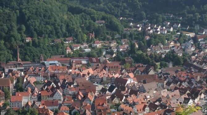 In der Nördlichen Innenstadt von Bad Urach (in der Bildmitte ist der Marktplatz zu erkennen, dahinter das Gross- und das Quenzer