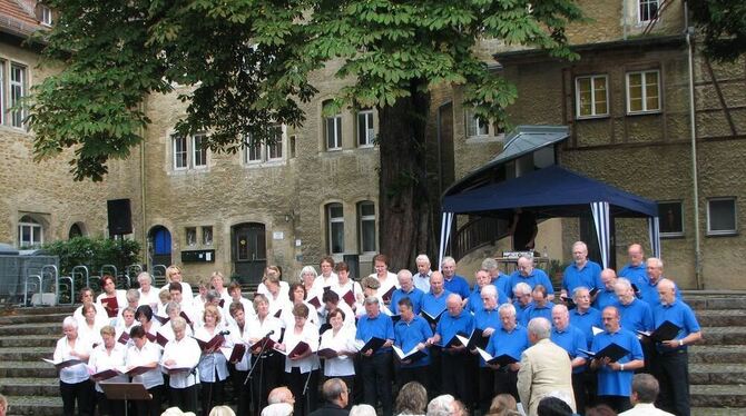 Beim gemeinsamen Konzert im Pfullinger Schlosshof: die vom Großen Walsertal angereisten Gäste aus Thüringerberg und die Gastgebe