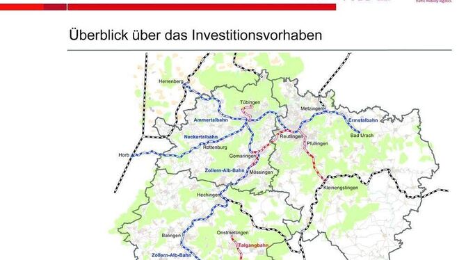 Das Netz der Regionalstadtbahn mit den bestehenden und neu zu bauenden Strecken.  GRAFIK: PTV AG