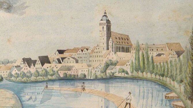 Neckarfloß vor Nürtingen, zu ahnen die Schwierigkeit, mit den Holzstämmen auf dem Fluss Kurs zu halten. BILD: KREISARCHIV ESSLIN