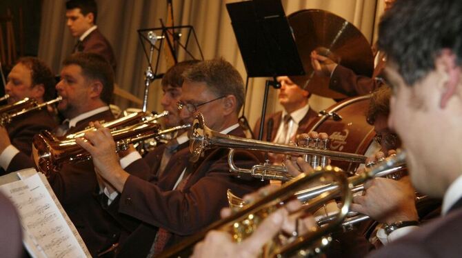 Kraftvoller Sound: die Bläsergruppe der Gemeindekapelle Eningen beim Jahresschlusskonzert.  FOTO: LEIPPERT