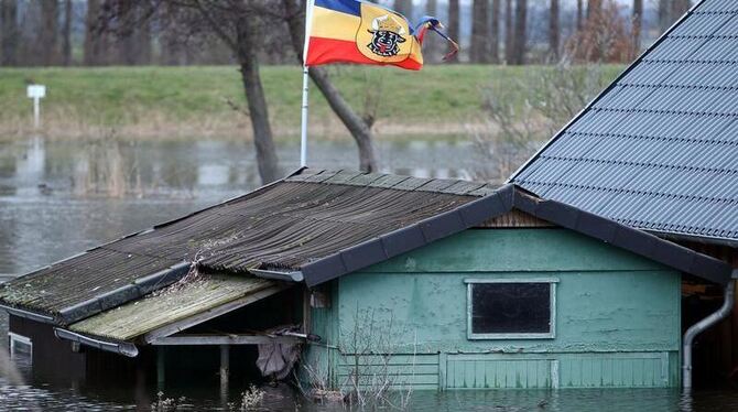 Die Mecklenburgfahne weht in der Nähe von Dömitz auf einem im Hochwasser der Elbe stehenden Bootsschuppen. 