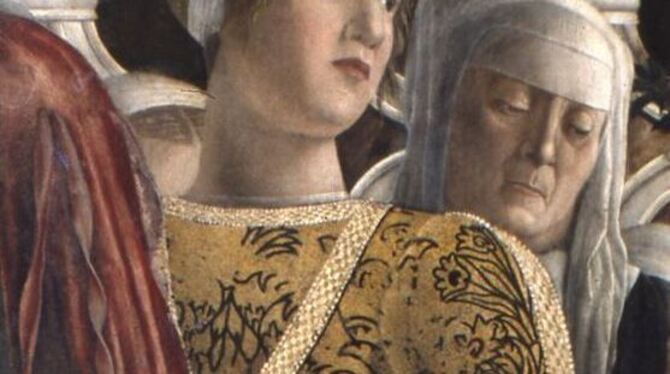 Die Blonde im Goldbrokatkleid: Barbara. Ausschnitt aus dem Gonzaga-Familienbild von Andrea Mantegna im Palazzo Ducale in Mantua.