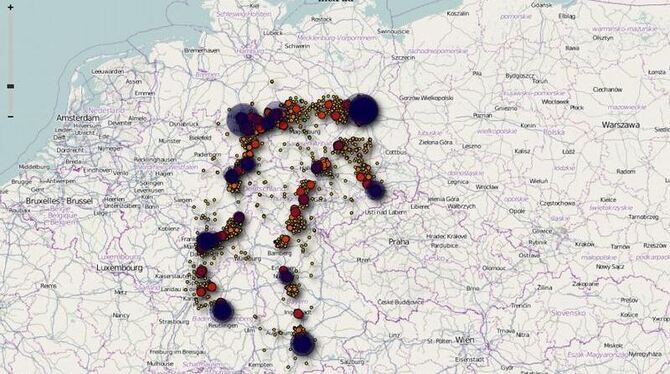 Der Screenshot erstellt mit iPhoneTracker zeigen die die Ortungsdaten eines iPads in Deutschland.