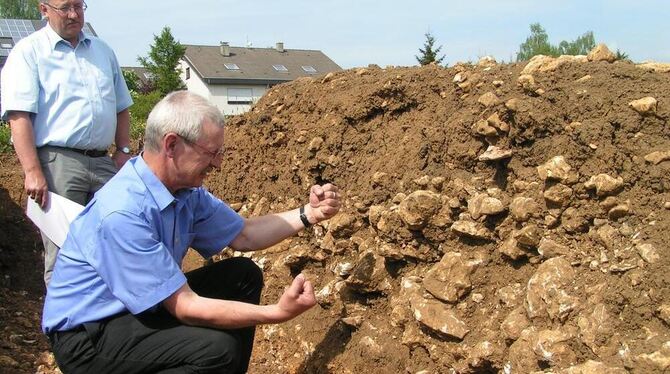 Chirurgischer Schnitt durch die Römerstraße. Dr. Frieder Klein erklärt den Aufbau der Steinpackung über dem anstehenden Fels.