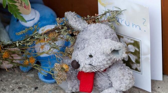 Kerzen, Blumen und Plüschtiere erinnern vor einem Hauseingang an ein getötetes Kleinkind.