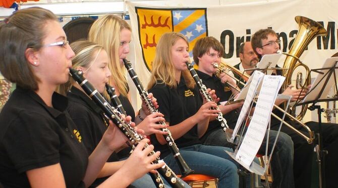 Die Jugendkapelle des Original Musikverein Sondelfingen lieferte die passende Musik zum gemütlichen Weinfest im Zelt.  FOTO: RAB