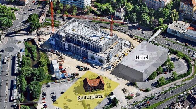 Stadthalle und Hotel sollen eine Einheit bilden, vielleicht sogar durch einen Steg verbunden werden: Die Grundfläche des grauen