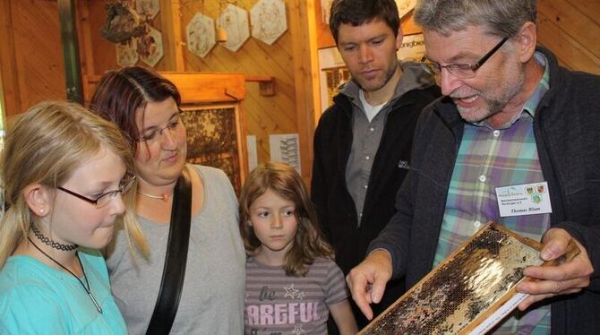 Thomas Blum vom Reutlinger Imker-Verein gibt sein Fachwissen gerne an Besucher des Bienenhauses auf der »Pomo« weiter.