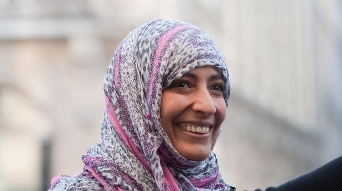 Die jemenitische Friedensnobelpreisträgerin Tawakkul Karman bei der Ankunft zur 48. Sicherheitskonferenz in München. Foto: An