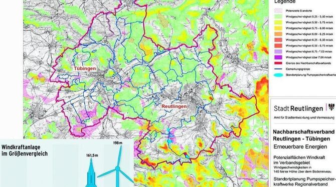 Gelb und rot für passende Windverhältnisse, pinkfarbene Schraffur für sonstige Standortfaktoren: Nur wo beides zusammenkommt, si