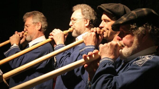 Vier Männer am Alphorn: Werner Böttler, Erhard Bachmeier, Peter Weiß und Bernhard Köhler (von links) schickten am Freitagabend g