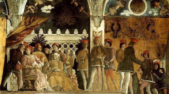 Die Familie Gonzaga auf einem Fresko von Andrea Mantegna im Palazzo Ducale in Mantua. Vorn in der Mitte die Eltern Ludovico und