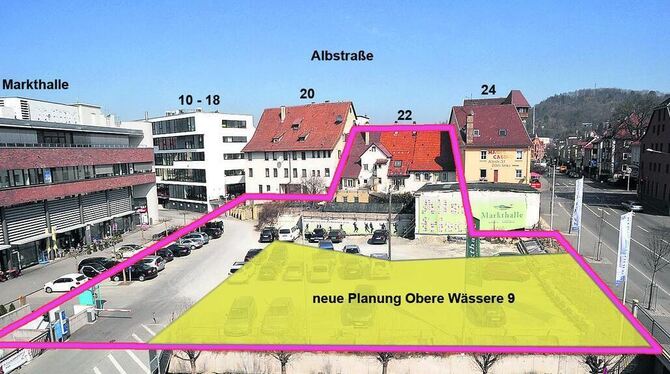 Einem »Saturn«-Markt in der Oberen Wässere hätte auch das Gebäude Albstraße 22 weichen müssen, die rosa Linie vermittelt einen E