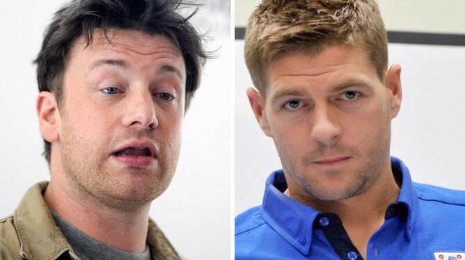 Steven Gerrard (r) und Jamie Oliver wollen das Kochen in den Schulunterricht einführen. Foto: dpa