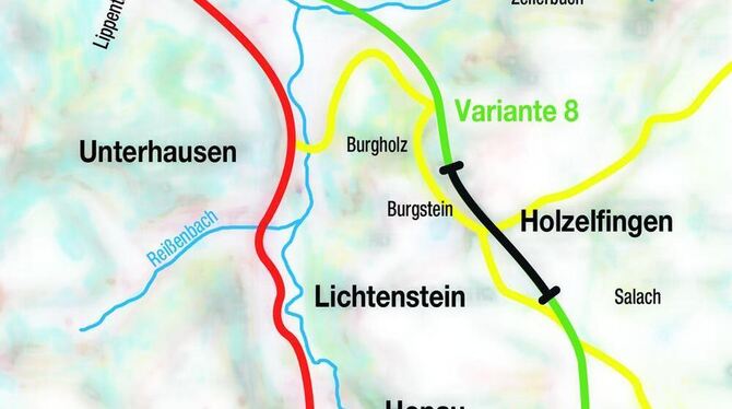 Östlich an Unterhausen vorbei und im Tunnel (schwarz) unter Holzelfingen durch führt die Trasse (grün) von Horst Meinders. Die r