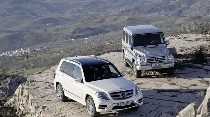 Zwei kantige Typen: Mercedes GLK (vorne) und G, dessen Grundform seit 33 Jahren gleich ist. FOTOS: PR