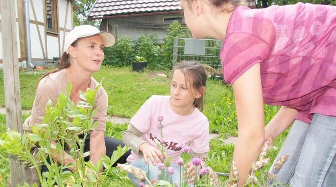 Konzentriert bei der Sache: Linda (Mitte) und Julia (rechts), angeleitet von Ellen Kühfuß, Fachwartin für Obst- und Gartenbau.