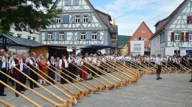 Sonor schallen die rund 200 Alphörner über Dettingens Marktplatz. Ein bisher einmaliger Anblick. FOTO: SANDER