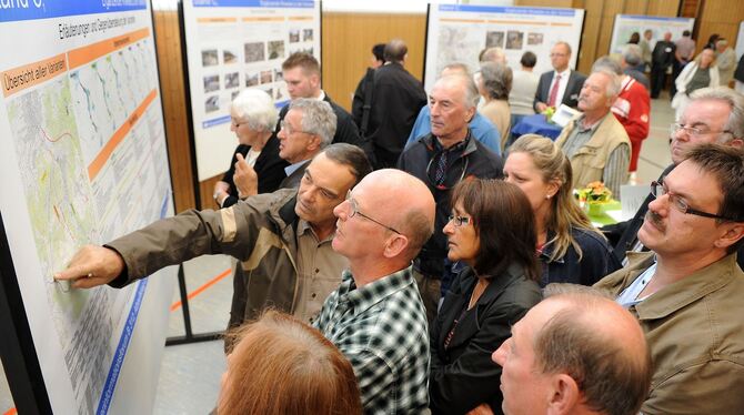 Die Diskussion hat begonnen: Lichtensteiner informieren sich über die Pläne zum Albaufstieg in Honau. 	GEA-FOTO: PACHER