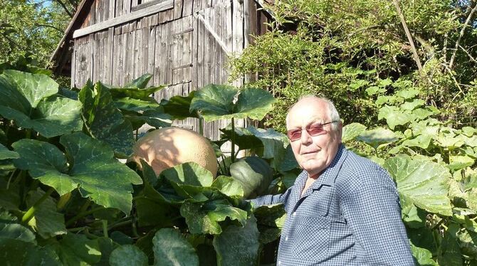 Stolz auf sein Kürbisgewächs: der Vize-Chef des Obst- und Gartenbauvereins, Richard Schänzlin.  FOTO: PUDELKO