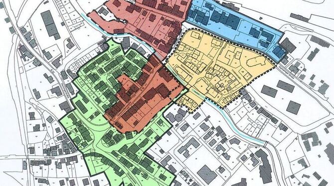 Schritt für Schritt in die Zukunft: Nach den Stadtsanierungsgebieten »Sigmaringer Straße« (blau) und »Hohenzollernstraße« (grün) will Gammertingen jetzt das Sanierungsgebiet »Stadtkern/Schlossanlage« ausweisen (gelb: das Sanierungsgebiet »Stadtmitte II«). GEA-REPRO