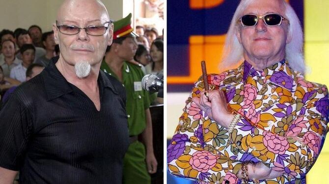 Der frühere britische Popstar Gary Glitter (l.) und der inzwischen verstorbene BBC-Moderator Jimmy Savile stehen unter dem Ve