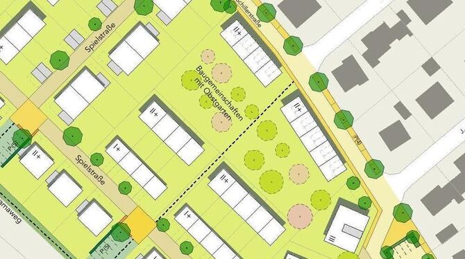 Wohnen im Grünen: Um die Obstbäume (grüne und rosa Kreise) herum sollen Reihenhäuser entstehen. GRAFIK: KRISCH PARTNER