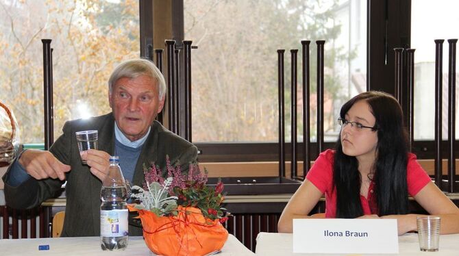 Physikunterricht mit Wasserglas in der Talkrunde. Astronaut Ernst Messerschmid und Schülerin Ilona Braun.