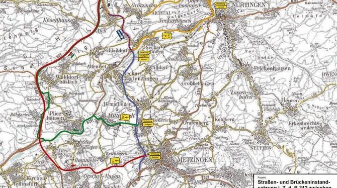 Die Grafik des Regierungspräsidiums: Rot-blau schraffiert (oben) der künftige Baustellenbereich auf der B 312. Rot, grün und gel