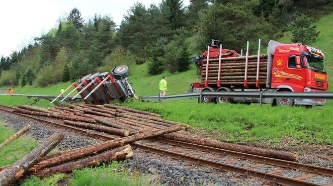 Straße und Bahnstrecke zwischen Münsingen und Gomadingen waren nach dem Unfall eines Holztransporters gesperrt. GEA-FOTO: DEWALD